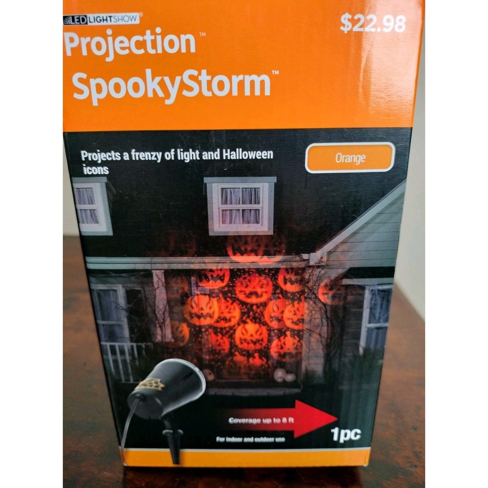 Gemmy LED Lightshow Projection SpookyStorm Orange Pumpkin Halloween New